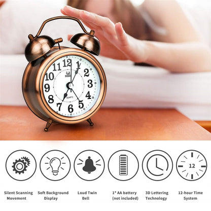 Retro Metal Plating Battery Powered Silent Non-Ticking Quartz Twin Bell Alarm Clock
