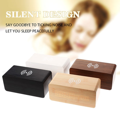 Wooden Alarm Clock with Qi Wireless Charger Sound Control LED Digital Clock Temperature Display