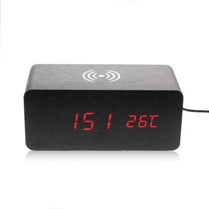 Wooden Alarm Clock with Qi Wireless Charger Sound Control LED Digital Clock Temperature Display