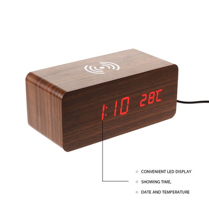 Wooden Alarm Clock with Qi Wireless Charger Sound Control LED Digital Clock Temperature Display