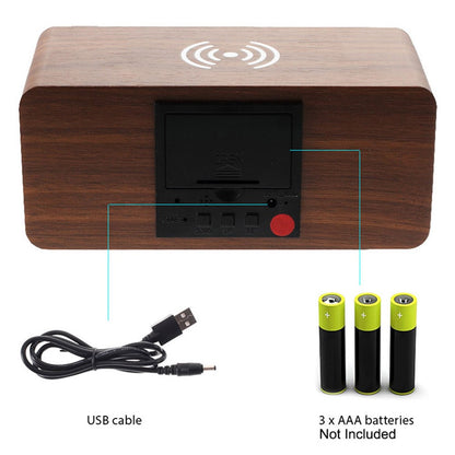 Wooden Alarm Clock with Qi Wireless Charger Sound Control LED Digital Clock Temperature Display