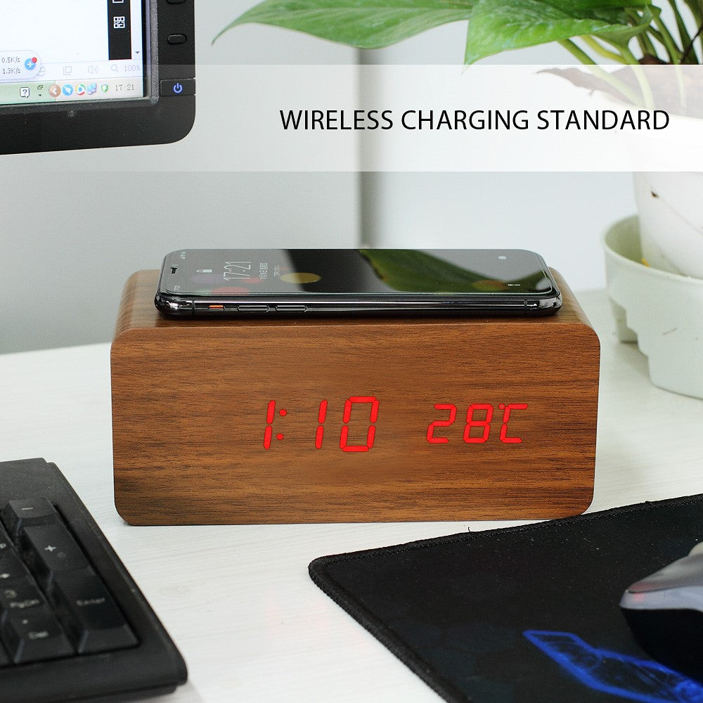 Wooden Alarm Clock with Qi Wireless Charger Sound Control LED Digital Clock Temperature Display