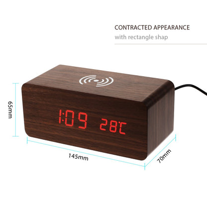 Wooden Alarm Clock with Qi Wireless Charger Sound Control LED Digital Clock Temperature Display