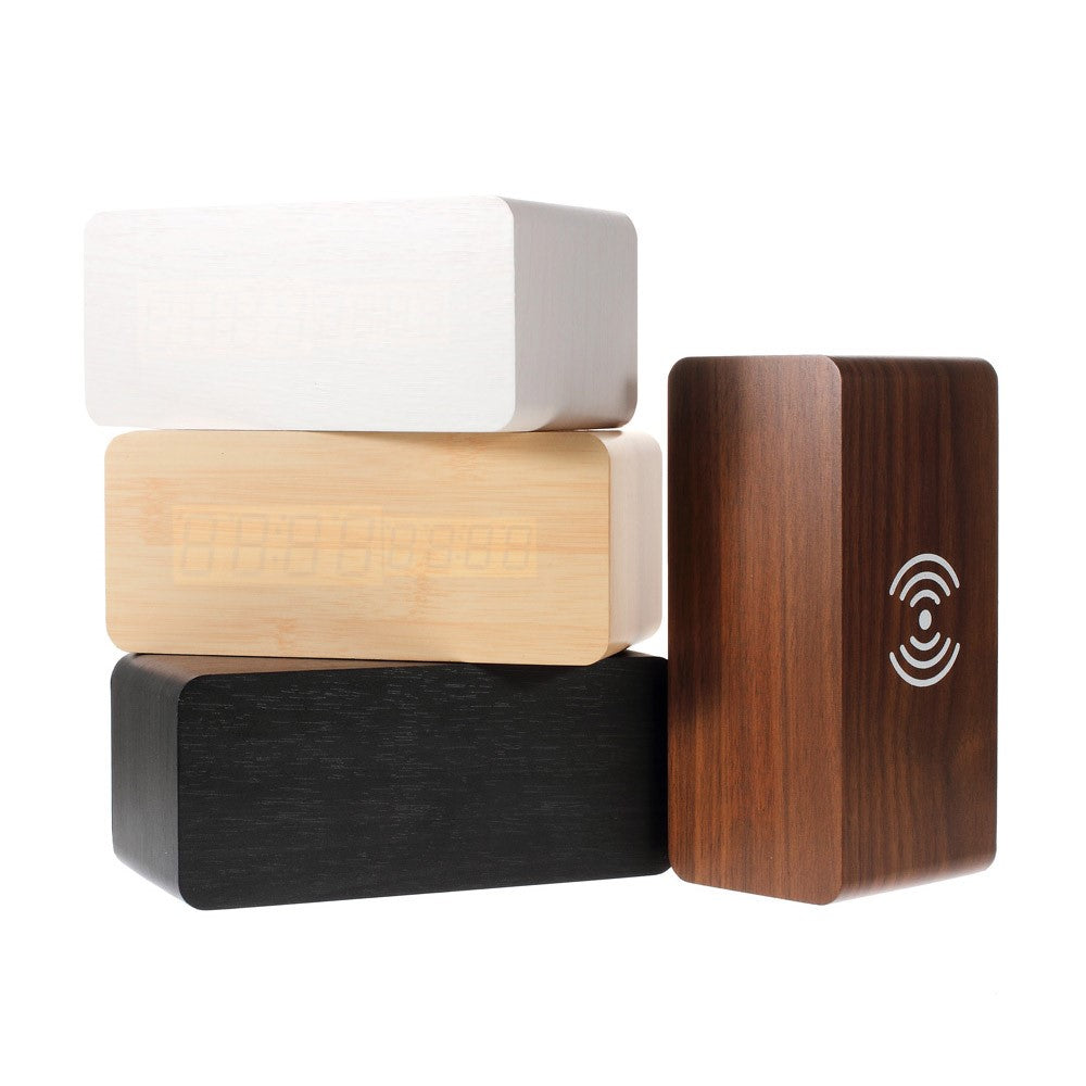 Wooden Alarm Clock with Qi Wireless Charger Sound Control LED Digital Clock Temperature Display