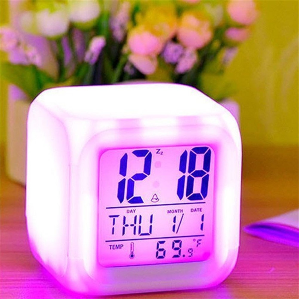 Colorful Night Light Alarm Clock with Temperature Display 7 Color Changing LED