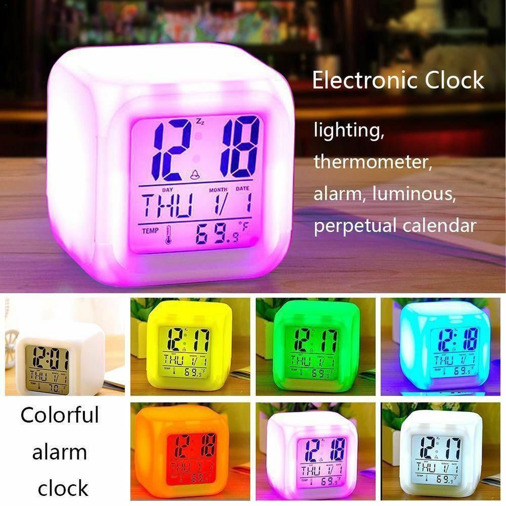 Colorful Night Light Alarm Clock with Temperature Display 7 Color Changing LED