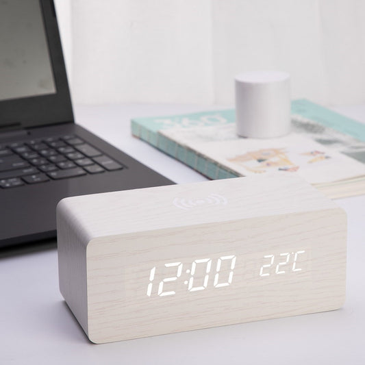 Wooden Alarm Clock with Sound Control Qi Wireless Charging Function Compatible with iPhone Samsung