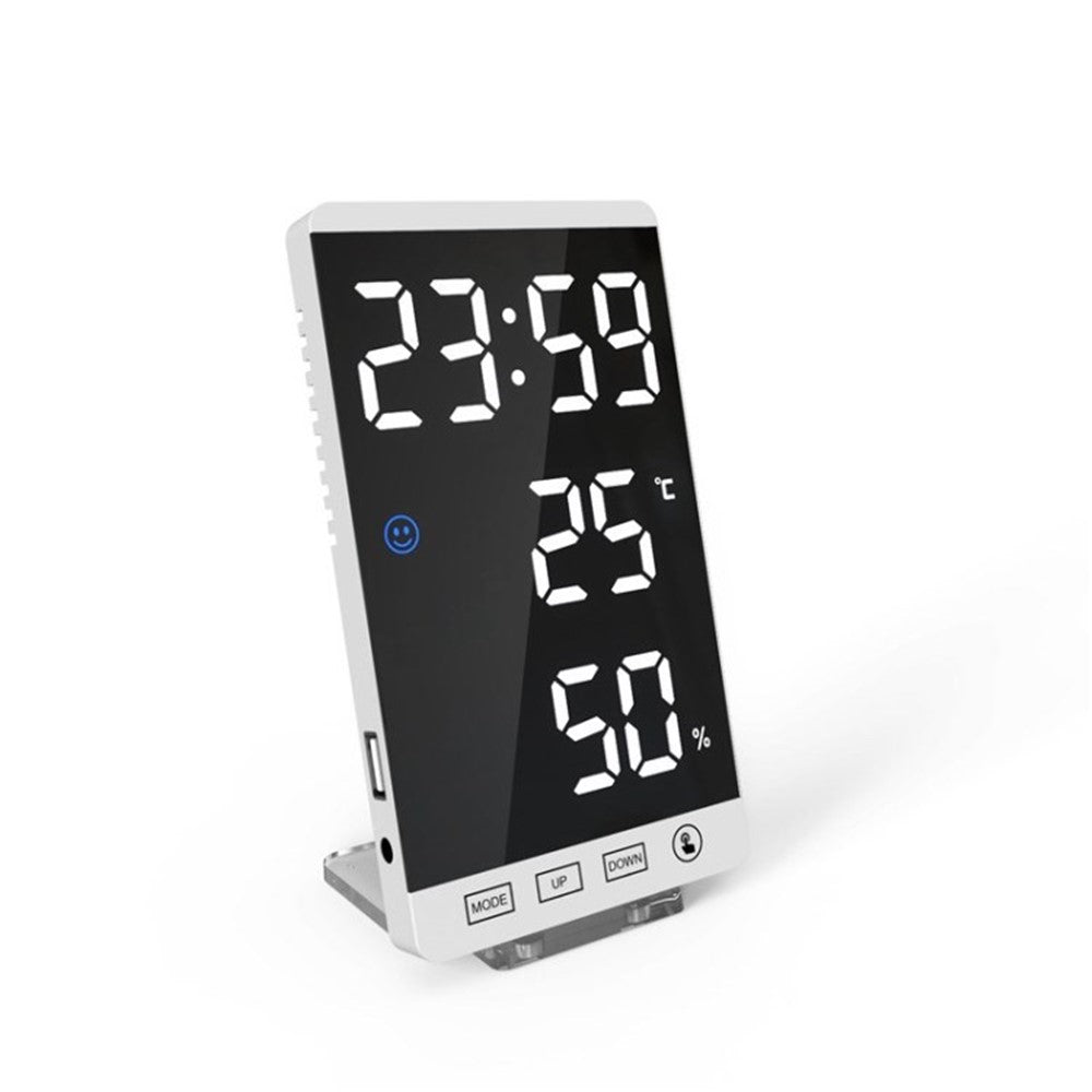 6 Inch Mirror LED Alarm Clock Digital Clock Temperature Humidity Display USB Port Table Clock