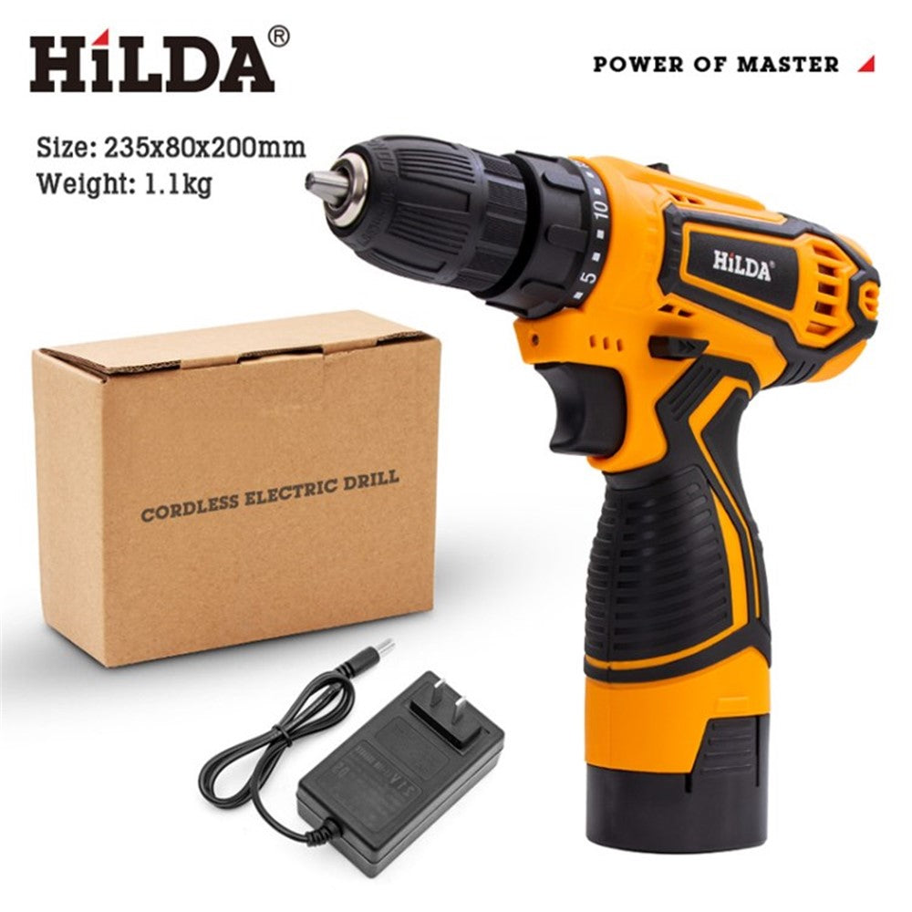 HILDA Electric Drill Screwdriver 12V US Plug Rechargeable Cordless Woodworking Drill Power Tool Power Drill Driver