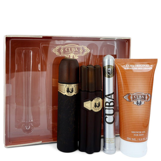 Cuba Gold Gift Set - 3.3 oz Eau De Toilette Spray + 1.17 oz Eau De Toilette Spray + 3.3 oz After Shave + 6.7 oz Shower Gel by Fragluxe --