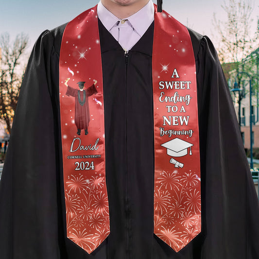 Red graduation stole "A Sweet Ending To A New Beginning" on black gown. Satin sash for graduation.
