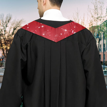 Red graduation stole with text on a black graduation gown. Satin/polyester blend graduation stole for graduation.