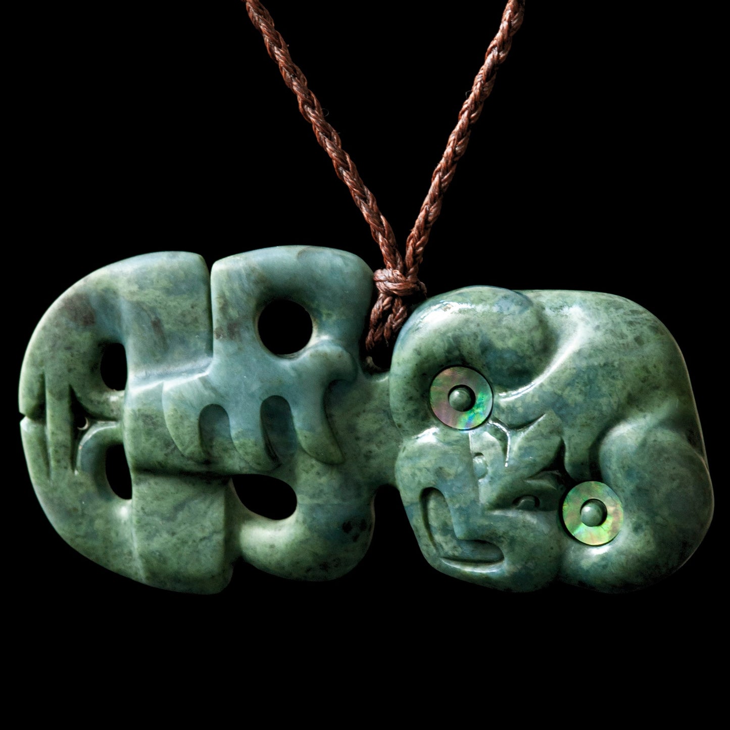 Dark Jade Hei Tiki with Paua Karu by Tim Steel Pendant