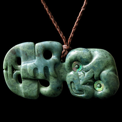 Dark Jade Hei Tiki with Paua Karu by Tim Steel Pendant