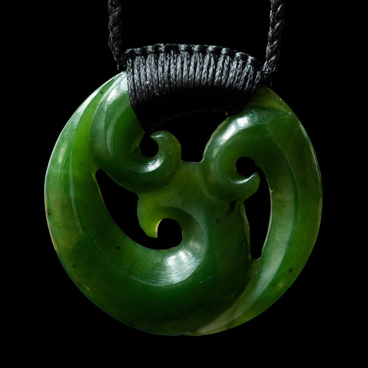 Bound Whanau Triple Koru, hand crafted jade pendant 40mm (1.7")