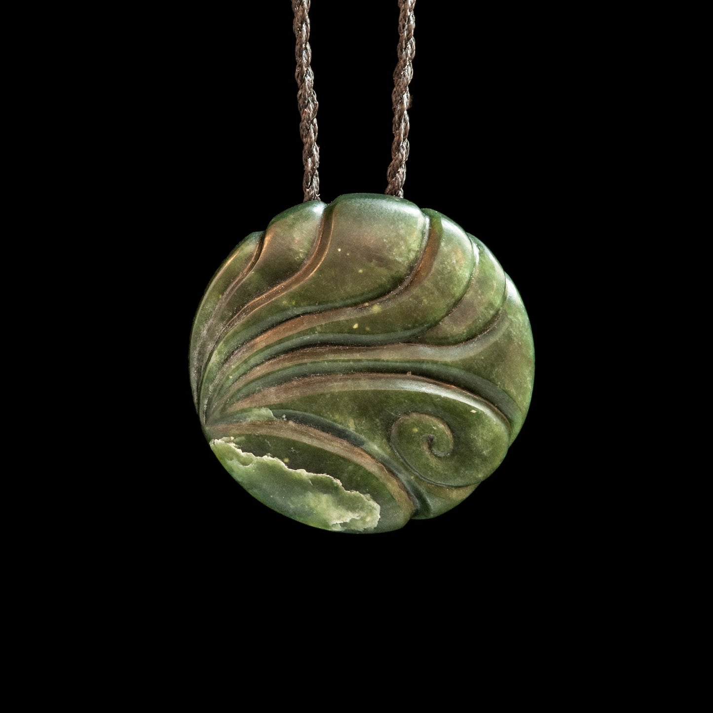 Hand carved Jade disc pendant with korus by Nick and Mady Necklace