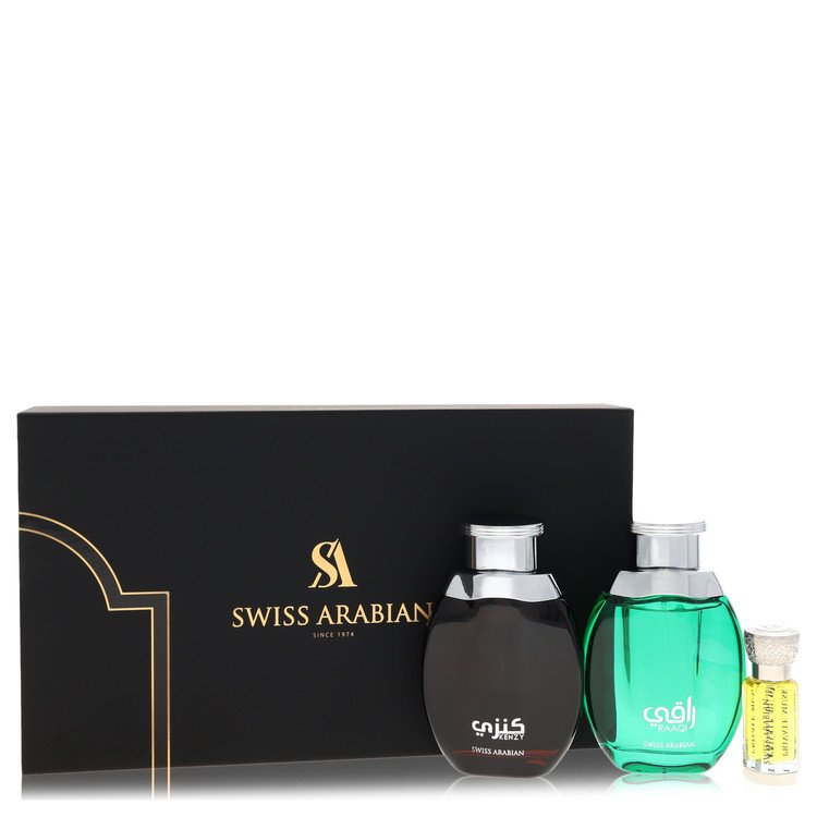 Kenzy Gift Set - 2 x 3.4 oz Eau De Parfum in Raaqi & Kenzy + .4 oz Concentrated Perfume Oil in Private Musk by Swiss Arabian --