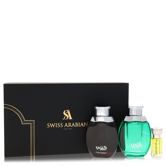 Kenzy Gift Set - 2 x 3.4 oz Eau De Parfum in Raaqi & Kenzy + .4 oz Concentrated Perfume Oil in Private Musk by Swiss Arabian --