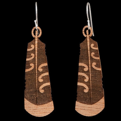 Wooden Huia Feather Earrings by Kristal Thompson Medium = 50mm Long (2 Inches)