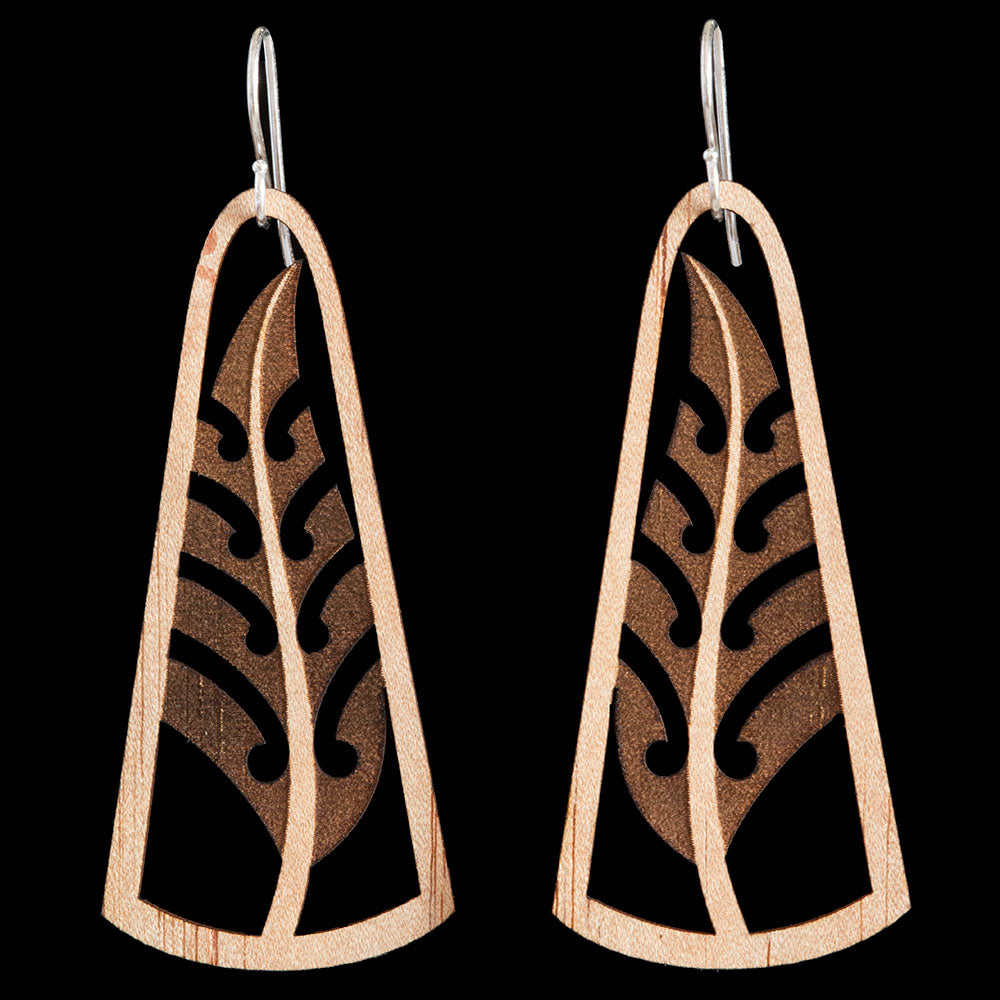 Wooden Silver Fern Earrings by Kristal Thompson Medium = 45mm Long (2 Inches)