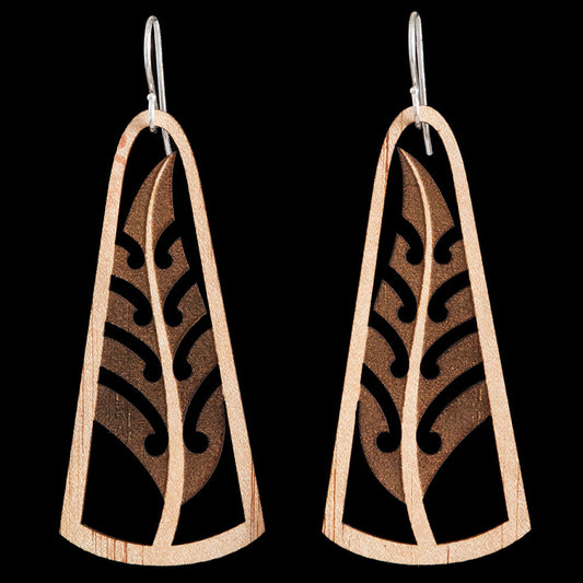Wooden Silver Fern Earrings by Kristal Thompson Large = 60mm Long (2.3 Inches)