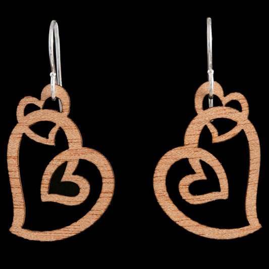 Wooden Koru Heart Earrings by Kristal Thompson Small = 20mm Long (0.75 Inch) Pendant