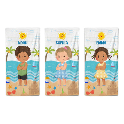 Personalized Kid On The Beach towel, perfect for kids, super-soft and beach-ready.