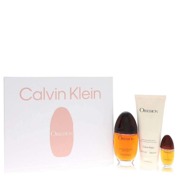 Obsession Gift Set - 3.4 oz Eau De Parfum Spray + 6.7 oz Body Lotion + .5 oz Mini EDP Spray by Calvin Klein --