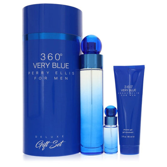 Perry Ellis 360 Very Blue Gift Set - 3.4 oz Eau De Toilette Spray + .25 oz Mini EDT Spray + 3 oz Shower Gel by Perry Ellis --