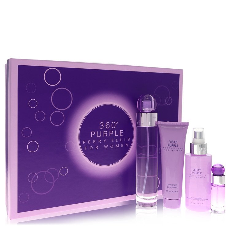 Perry Ellis 360 Purple Gift Set - 3.4 oz Eau De Parfum Spray + .25 oz Mini EDP Spray + 4 oz Body Mist Spray + 3 oz Shower Gel by Perry Ellis --
