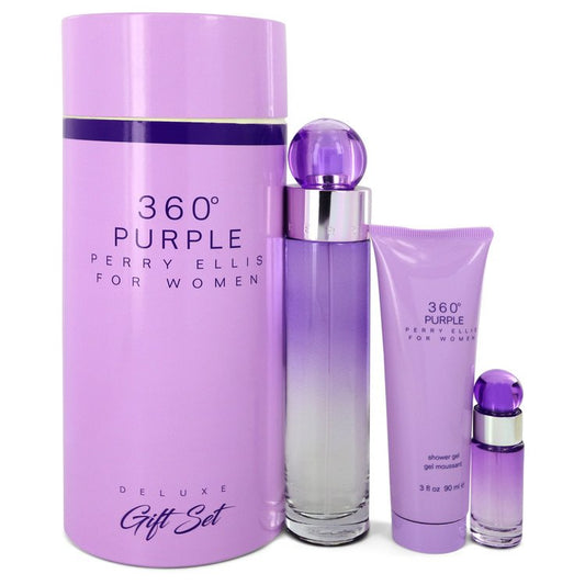 Perry Ellis 360 Purple Gift Set - 3.4 oz Eau De Parfum Spray + .25 oz Mini EDP Spray + 3 oz Shower Gel by Perry Ellis --