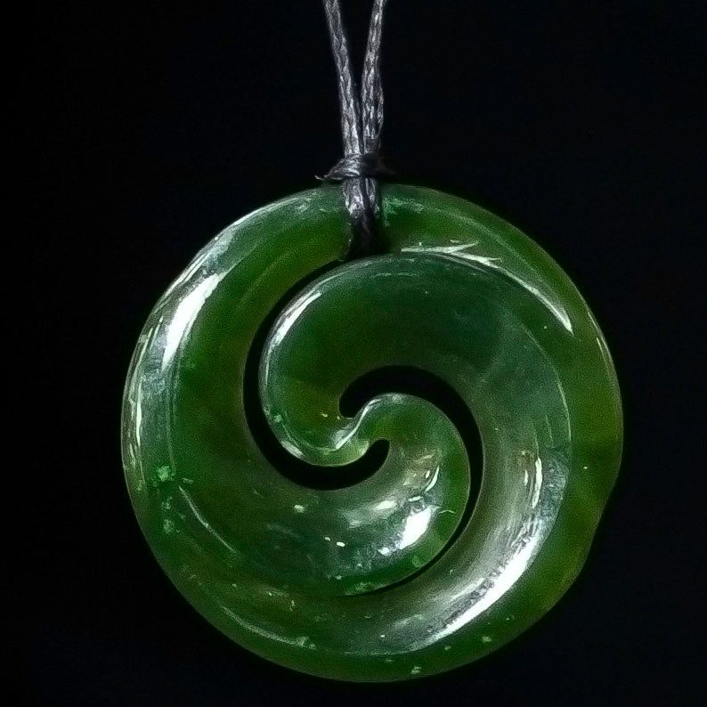 Small pounamu double Koru, handcrafted jade pendant R036L 35mm
