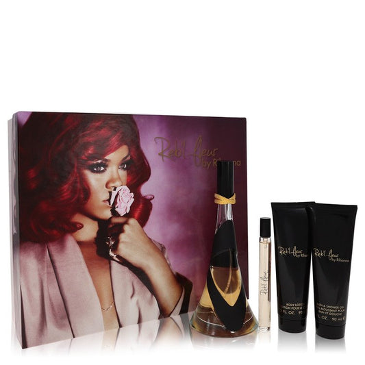 Rebl Fleur Gift Set - 3.4 oz Eau De Parfum Spray + 3 oz Body Lotion + 3 oz Shower Gel + .34 oz Mini EDP Spray by Rihanna --