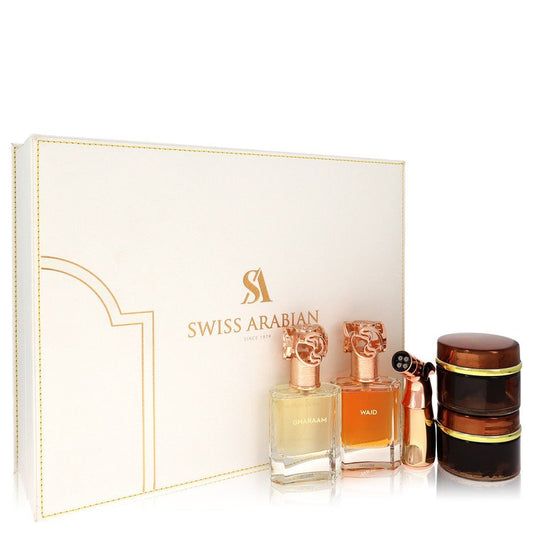 Swiss Arabian Bakhoor Dukhoon Al Haram Gift Set - Gift Set contains 2 x 1.7 oz Eau De Parfum in Wajd & Gharaam + 2 x 60 grams of Incense in Dukhoon Al Haram & Oud Muattar Mumtaz by Swiss Arabian --