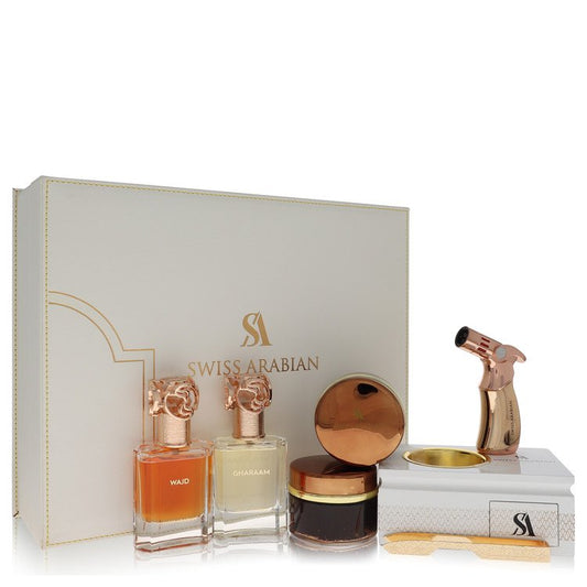 Swiss Arabian Bakhoor Dukhoon Al Haram Gift Set - Gift Set contains 2 x 1.7 oz Eau De Parfum in Wajd & Gharaam + 2 x 60 grams of Incense in Dukhoon Al Haram & Oud Muattar Mumtaz by Swiss Arabian --