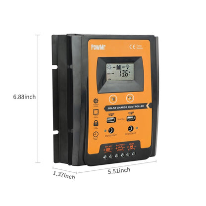 POWMR LCD Display PWM Solar Charge Controller 12V/24V Solar Panel IP32 PV Battery Charge Timer Regulator with Dual USB Port