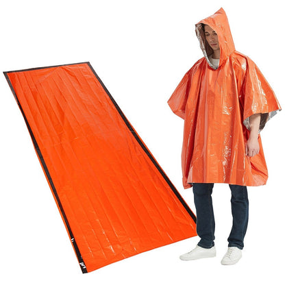 Emergency Survival Life Poncho Waterproof Camping Gear Outdoor Blanket Reusable Thermal Poncho Raincoat with Sleeping Bag
