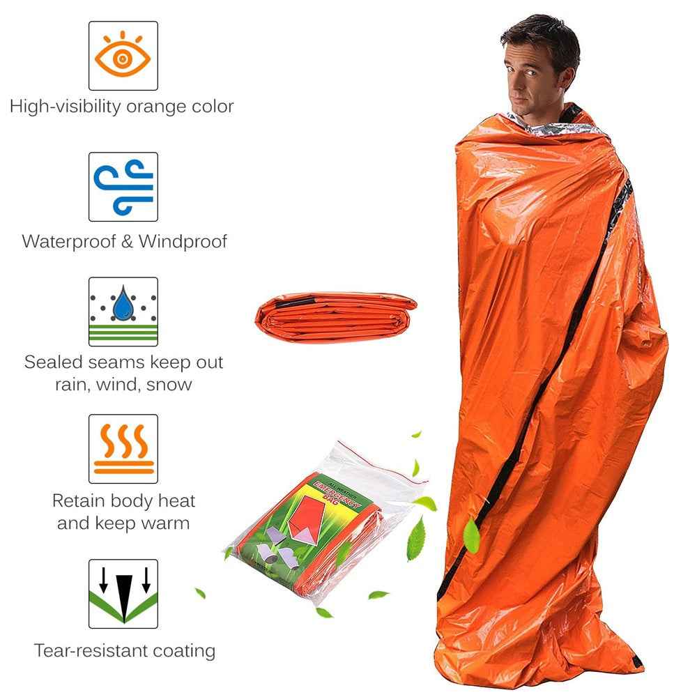 Emergency Survival Life Poncho Waterproof Camping Gear Outdoor Blanket Reusable Thermal Poncho Raincoat with Sleeping Bag