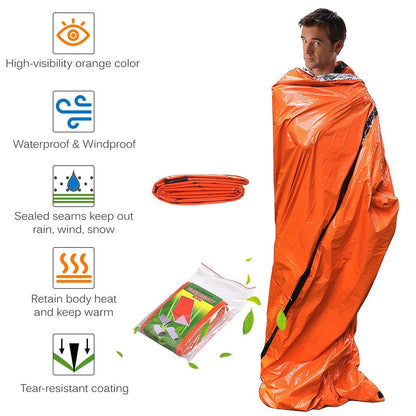 Emergency Survival Life Poncho Waterproof Camping Gear Outdoor Blanket Reusable Thermal Poncho Raincoat with Sleeping Bag