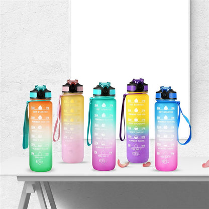 1L Sports Water Bottle with Time Marker Water Jug Leak proof Drinking Kettle for Office School Camping (without FDA Certificate, BPA Free)