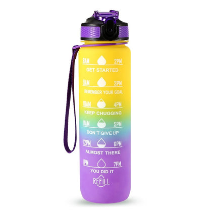 1L Sports Water Bottle with Time Marker Water Jug Leak proof Drinking Kettle for Office School Camping (without FDA Certificate, BPA Free)