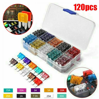 120Pcs/Box Mini Auto Blade Fuses Set 2-35A Assorted Color-coded Carved Amp Rating Fuse