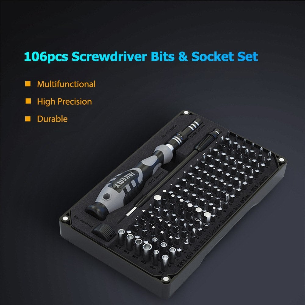 JAKEMY 106Pcs High Precision Screwdriver Bits Socket Set Multifunctional Drive Socket Set with 4x28mm Bits CR-V Alloy Steel Slotted Torx Star Hexagon Bits Kit with Extension Soft Rod Tweezers for Home