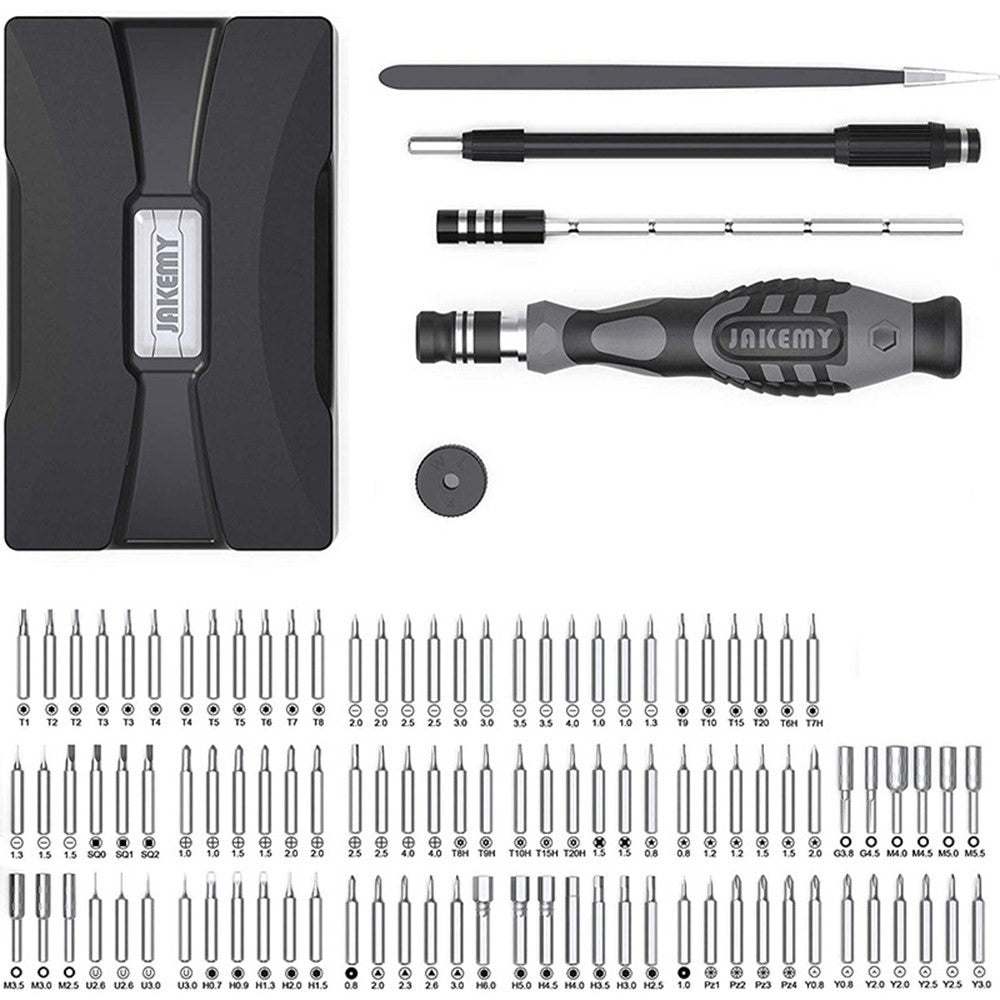 JAKEMY 106Pcs High Precision Screwdriver Bits Socket Set Multifunctional Drive Socket Set with 4x28mm Bits CR-V Alloy Steel Slotted Torx Star Hexagon Bits Kit with Extension Soft Rod Tweezers for Home