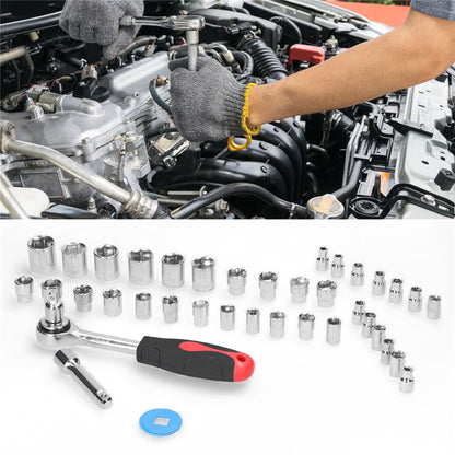 40Pcs Drive Socket Set Hexagonal Socket Ratchet Wrench Set Motorcycle Bicycle Automotive Repair Household Hardware Tools