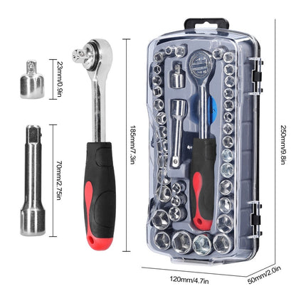 40Pcs Drive Socket Set Hexagonal Socket Ratchet Wrench Set Motorcycle Bicycle Automotive Repair Household Hardware Tools