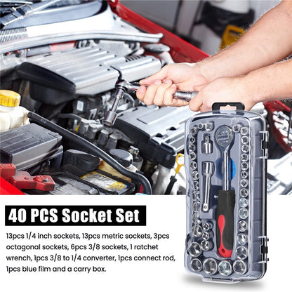 40Pcs Drive Socket Set Hexagonal Socket Ratchet Wrench Set Motorcycle Bicycle Automotive Repair Household Hardware Tools