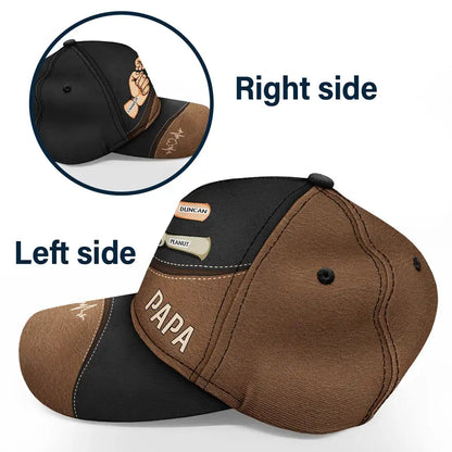 Personalized Father's Day Cap: Brown cap with "PAPA" and pet names. Polyester-cotton blend, adjustable.