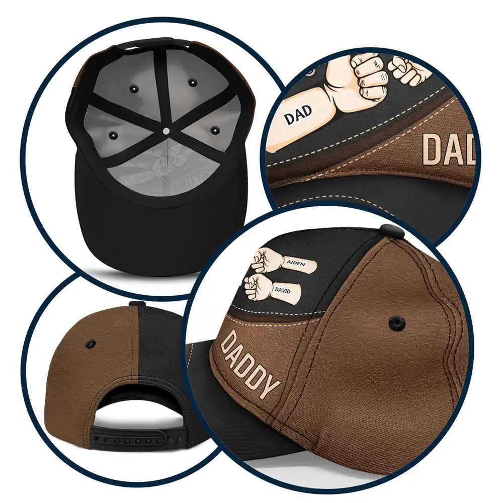 Personalized Fist Bump Dad Cap with Pet Names, Brown and Black, Adjustable, Father's Day Gift