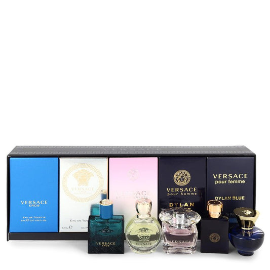 Versace Eros Gift Set - The Best of Versace Mens and Womens Miniatures Collection Includes Versace Eros, Versace Pour Homme Dylan Blue, Versace Pour Femme Dylan Blue, Bright Crystal and Versace Eros Pour Femme by Versace --